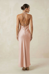 Halter Satin Sheath Midi Bridesmaid Dress in Pale Blush