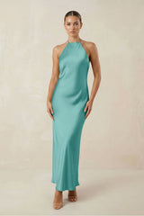 Halter Satin Sheath Midi Bridesmaid Dress in Pale Pistachio