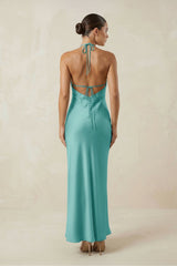 Halter Satin Sheath Midi Bridesmaid Dress in Pale Pistachio