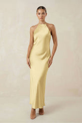 Halter Satin Sheath Midi Bridesmaid Dress in Pastel Yellow