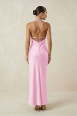 Halter Satin Sheath Midi Bridesmaid Dress in Pink