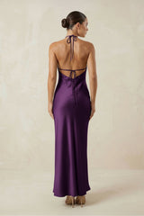 Halter Satin Sheath Midi Bridesmaid Dress in Plum