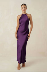 Halter Satin Sheath Midi Bridesmaid Dress in Plum