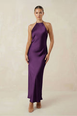 Halter Satin Sheath Midi Bridesmaid Dress in Plum