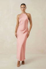 Halter Satin Sheath Midi Bridesmaid Dress in Rose Petal
