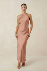 Halter Satin Sheath Midi Bridesmaid Dress in Rosette