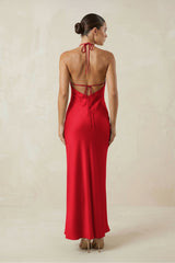 Halter Satin Sheath Midi Bridesmaid Dress in Ruby Red