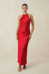Halter Satin Sheath Midi Bridesmaid Dress in Ruby Red