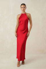 Halter Satin Sheath Midi Bridesmaid Dress in Ruby Red