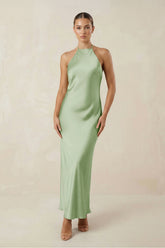 Halter Satin Sheath Midi Bridesmaid Dress in Sage