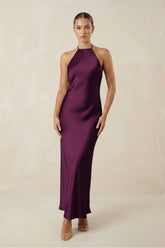 Halter Satin Sheath Midi Bridesmaid Dress in Sangria