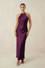 Halter Satin Sheath Midi Bridesmaid Dress in Sangria