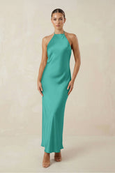Halter Satin Sheath Midi Bridesmaid Dress in Sea Glass