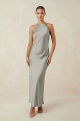 Halter Satin Sheath Midi Bridesmaid Dress in Silver