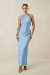 Halter Satin Sheath Midi Bridesmaid Dress in Sky Blue