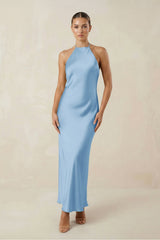 Halter Satin Sheath Midi Bridesmaid Dress in Sky Blue