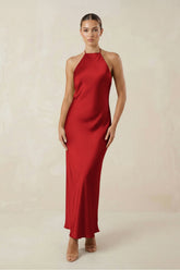 Halter Satin Sheath Midi Bridesmaid Dress in Spice