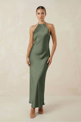Halter Satin Sheath Midi Bridesmaid Dress in Thyme