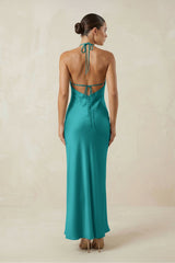 Halter Satin Sheath Midi Bridesmaid Dress in Turquoise