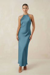 Halter Satin Sheath Midi Bridesmaid Dress in Twilight