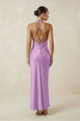 Halter Satin Sheath Midi Bridesmaid Dress in Vintage Mauve