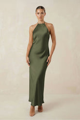 Halter Satin Sheath Midi Bridesmaid Dress in Willow Green