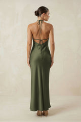 Halter Satin Sheath Midi Bridesmaid Dress in Willow Green
