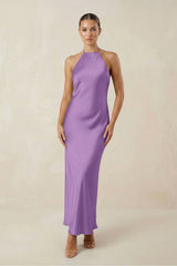 Halter Satin Sheath Midi Bridesmaid Dress in Wisteria