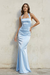 Halter Satin Sheath Ruched Long Prom Dress in Sky Blue