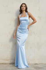 Halter Satin Sheath Ruched Long Prom Dress in Sky Blue