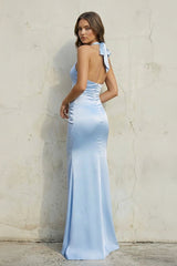 Halter Satin Sheath Ruched Long Prom Dress in Sky Blue
