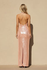 Halter Sequins Backless Maxi Dress in Rose Gold