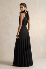 Halter Sheath Feather Satin Maxi Dress with Slit in Black