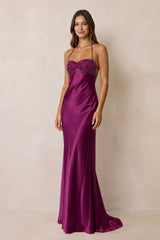 Halter Sheath Satin Maxi Dress With Sequins in Magenta