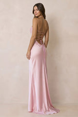 Halter Sheath Satin Maxi Dress With Sequins in Pink