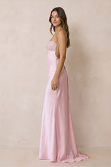 Halter Sheath Satin Maxi Dress With Sequins in Pink