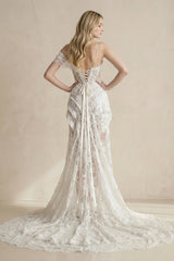 High-Low Lace Plunging Ruched Wedding Dress in White