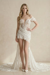High-Low Lace Plunging Ruched Wedding Dress in White