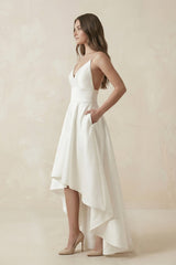 High-Low Satin V-Neck A-Line Wedding Dress in White