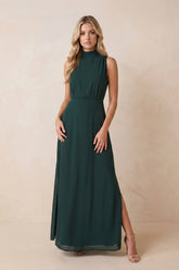 High Neck A-Line Chiffon Maxi Dresses with Slit in Dark Green