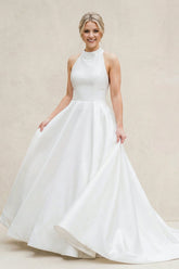 Halter Neck A-Line Satin Wedding Dress in White