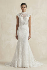 High-Neck Lace Mermaid Cap Sleeve Wedding Dress in White