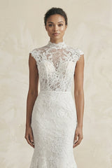 High-Neck Lace Mermaid Cap Sleeve Wedding Dress in White