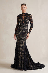 High-Neck Lace Mermaid Wedding Dress With Sleeves in Black