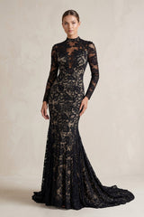 High-Neck Lace Mermaid Wedding Dress With Sleeves in Black