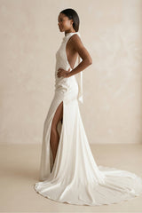 High-Neck Satin Mermaid Wedding Dress with Slit in Ivory