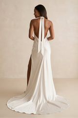 High-Neck Satin Mermaid Wedding Dress with Slit in Ivory