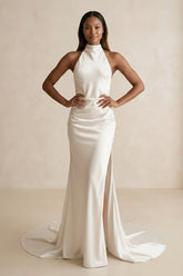 High-Neck Satin Mermaid Wedding Dress with Slit in Ivory