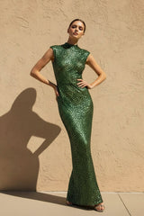 High Neck Sequins Backless Gown in Dark Green