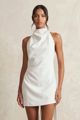 High-Neck Sheath Crepe Mini Wedding Dress in White